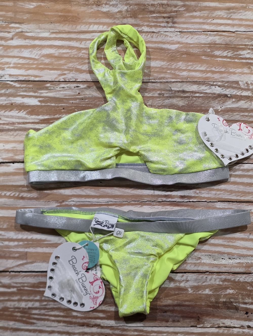 Nwt Beach Bunny Neon Galaxy Yellow Silver Metallic Bikini L - Picture 2 of 4